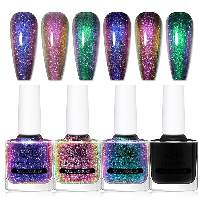 BORN PRETTY Chameleon Nail Polish Set Holographic Glitter Polish Shimmer Nail Art Polish with Black Nail Polish Multicolored Nail Art Varnish 4 Bottles