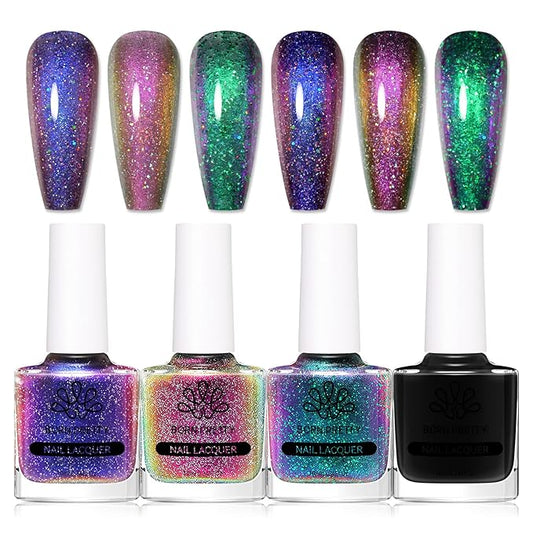 BORN PRETTY Chameleon Nail Polish Set Holographic Glitter Polish Shimmer Nail Art Polish with Black Nail Polish Multicolored Nail Art Varnish 4 Bottles