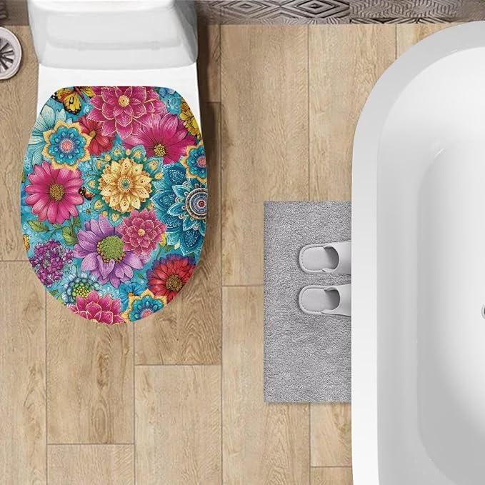 Hippie Lotus Toilet Seat Cover with Elastic Band for Bathroom Colorful Hippie Lotus Toilet Tank Dust Cover Soft Toilet Seat Cover Universal for Most Toilet Bowl Lids