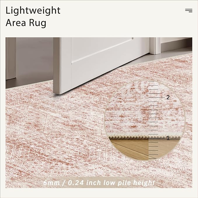 Soalmost Washable Area Rug 8x10 Large Soft Pink Rugs for Living Room | Vintage Non-Slip Carpet for Dining Bedroom, Stain Resistant Low Pile Foldable Lightweight Floor Mat Under Table Home Decor