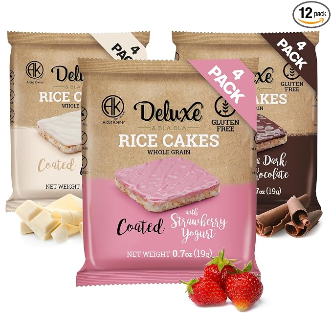 Deluxe & Bla Bla Chocolate Covered Rice Cakes 12 Pack – Whole Grain, Gluten-Free, Kosher Snack – Low-Calorie & Crunchy – Coated with Dark & White Chocolate & Strawberry Yogurt (19g Each)