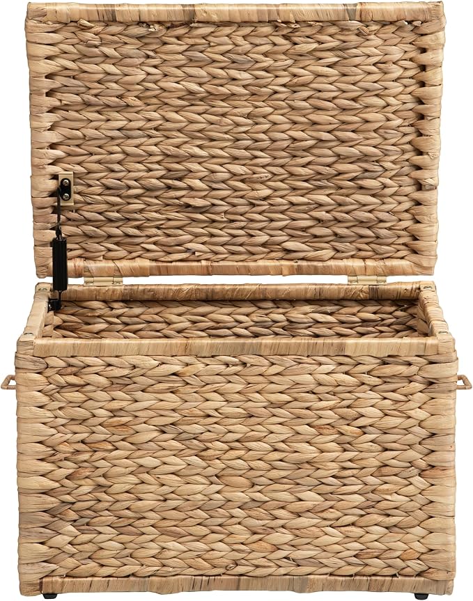 Storage Trunk with Metal Frame, Natural, 20.5 by 14.8 by 13.4 Inches | Safety Hinge, Heavy-duty Wicker Chest, Handwoven Water Hyacinth