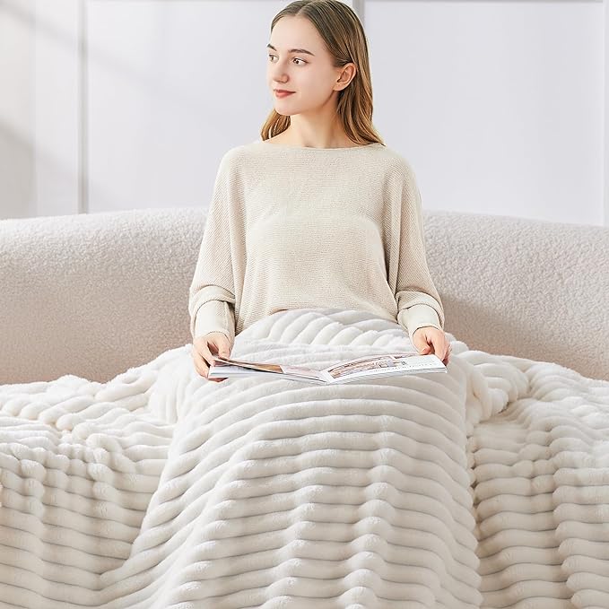 BEDELITE Ribbed Twin Blanket for Couch & Bed, Cream, 60"x80" | Ultra-Soft Plush Fleece, Cozy, Warm Yet Lightweight, Ribbed Texture, Home Decor, Machine Washable, Giftable, All-Season Use