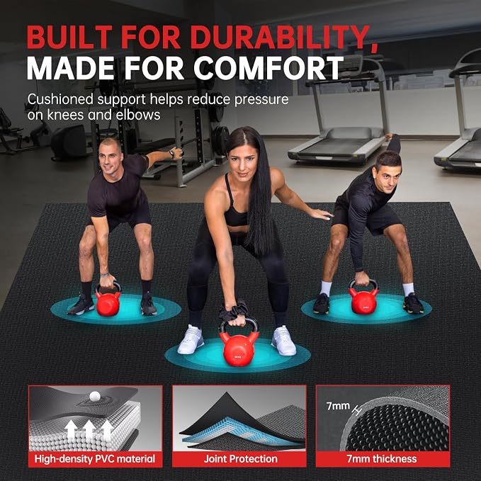 GymCope Large Exercise Mat for Home Workout,12‘x6’/10'x6'/9'x6'/8'x6'/7'x5'/6'x4' (7mm) Extra Thick Workout Mat, High-Density Gym Mat for Cardio, Jump Rope, MMA, Weights (Shoe-Friendly)