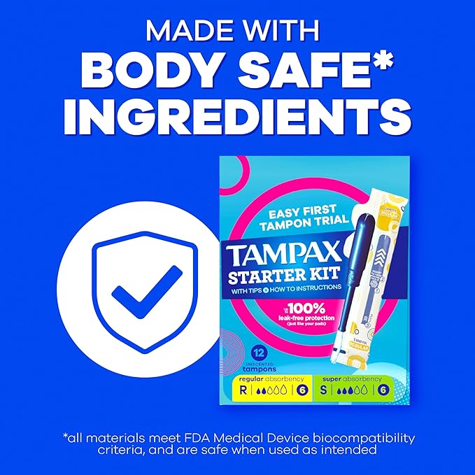 Tampax Starter Kit Multipack, with LeakGuard Braid, Regular/Super Absorbency, Easy First Tampon Trial, Unscented, 12 Count