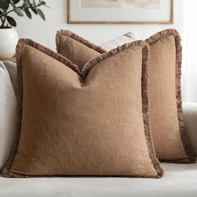 MIULEE Linen Fringe Decorative Fall Euro Throw Pillow Covers Brown 26x26 | Set of 2, Cottagecore Decor, Boho Farmhouse Neutral Pillow Covers, Rustic Fall Couch Cushion Cases for Sofa Bed Living Room
