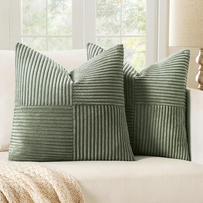 MIULEE Light Olive Green Decorative Throw Pillow Covers for Couch 18x18 in | 2 Pack, Boho Farmhouse Pillow Covers, Soft Cross Corduroy Patchwork Textured Cushion Cases For Bed Sofa