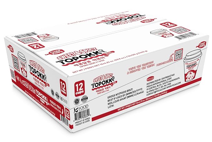 POCAS Chef Kim's Korean Instant Topokki Rice Cake Cups, Microwaveable Rice Cake Snack, Ready in 3 Minutes, 4.2 oz (120g) per Cup, 12 Tteokbokki Cups per Case, Authentic Korean Street Food. (Sweet & Spicy)