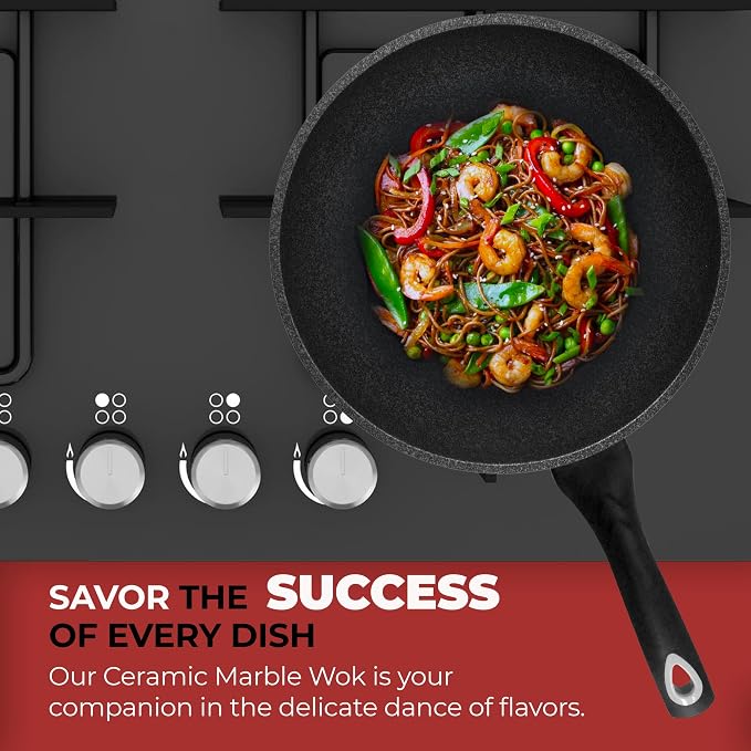 HOME N KITCHENWARE Nonstick Ceramic Wok, Frying Pan - Premium 9-Layered Cookware, Korean Marble-Coated - Easy to Clean Cast Aluminum - Induction Ready for Saute, Stir-Fry, Eggs, Fried Rice 12-Inch