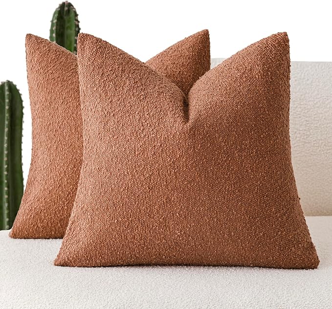 Foindtower Set of 2, Decorative Textured Boucle Throw Pillow Covers Accent Solid Pillow Cases Neutral Couch Cushion Case for Chair Sofa Bedroom Living Room Home Decor 16x16 Inch Burnt Orange Hazel