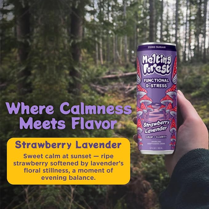 Melting Forest Functional Mushroom D-Stress - Adaptogen Drink w/L-Theanine, Reishi, Lion's Mane & Magnesium - Relaxation Drinks for Stress Relief - 0 Sugar, 5 Calories - Strawberry Lavender (12-Pack)