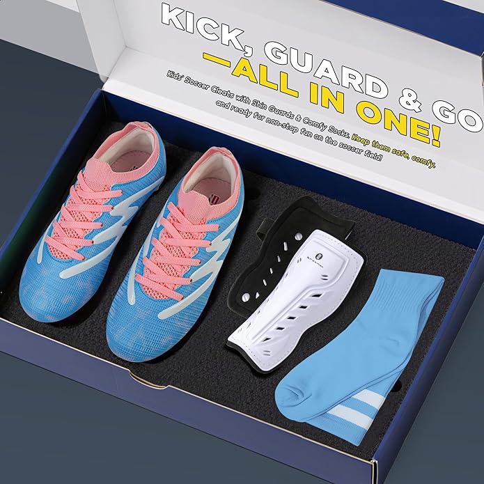 brooman Kids Firm Ground Soccer Cleats Boys Girls Football Shoes with Shin Guards and Soccer Socks