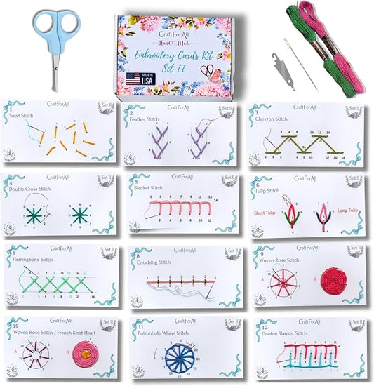 Embroidery Cards Perforated Level 2 Starter DIY Kit | Beginner Colored Patterns, Premium Cardstock Cards, Complete Toolkit, Tools, Illustrated Step by Step Instructions | Handmade Kit Gift (Blue)