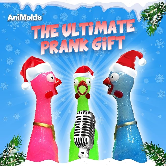Animolds Squeeze Me Rubber Chicken Toy | Screaming Squeaky Chicken for Kids & Dogs | Novelty Prank Gag Gift (6 Pack Solid)
