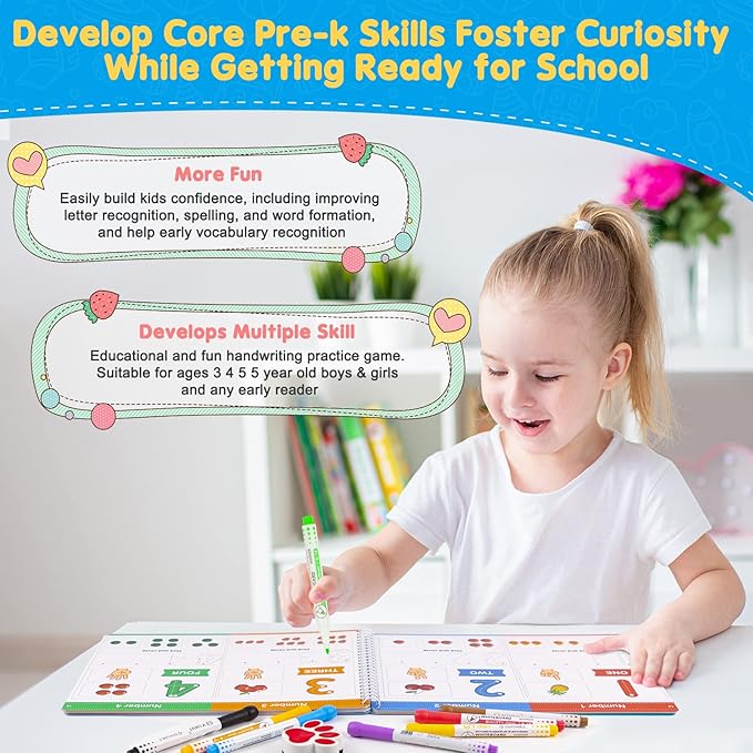 4 Year Old Boy Birthday Gift - Kindergarten Books for Kid - Toy for 4 5 6 7 Year Old Boys Girl - Handwriting Practice Workbook, Educational ABC Tracing Book with Reusable Activity, Montessori Learning