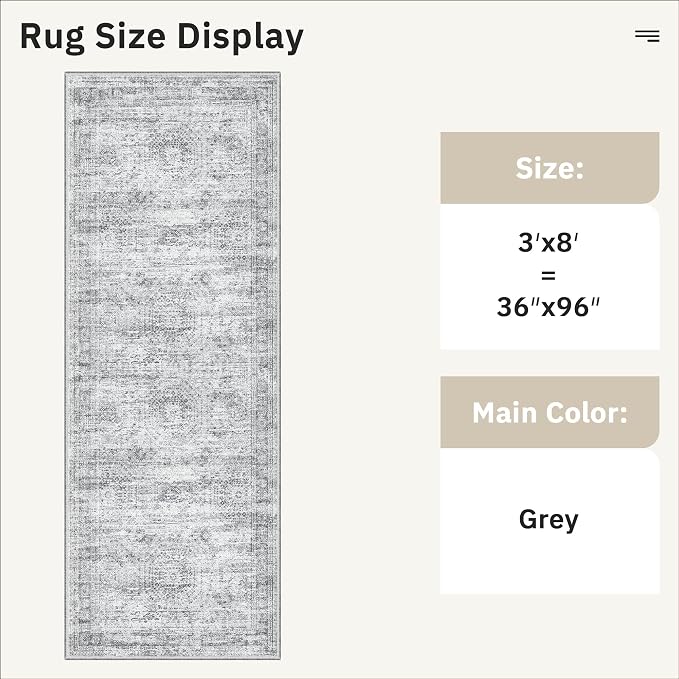 Soalmost Washable Kitchen Runner Rug 3x8 Hallway Entry Rugs Non-Slip, Grey | Vintage Runners 8ft for Bathroom Laundry Room, Foldable Low-Pile Floor Carpet Mat for Entryway Corridor Bedroom