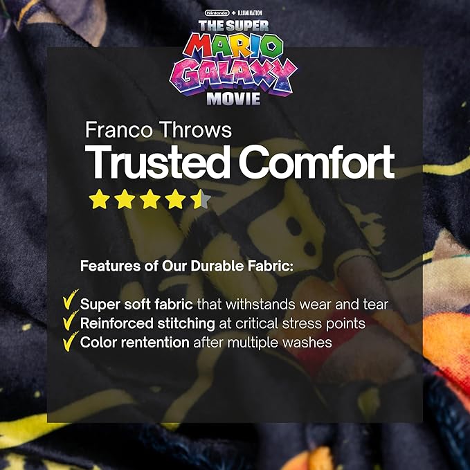 The Super Mario Galaxy Movie Kids Throw Blanket, Boswer & Jr., 46 in x 60 in, Soft Cozy Decorative Blanket for Couch, Bed, or Gaming Room (Officially Licensed Product) by Franco