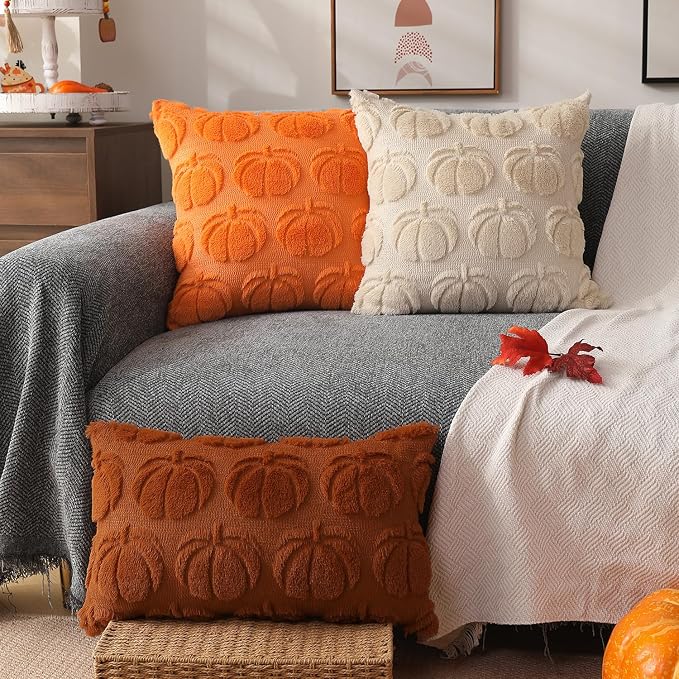 DFXSZ Fall Pillow Covers 16x16 2Pcs Orange Pumpkin Fall Decoration for Home | Fall decor Set of 2 Throw Pillow Cases Soft Plush Faux Fur Wool Couch Cushion for Chair Sofa Bedroom Living Room Home Decor