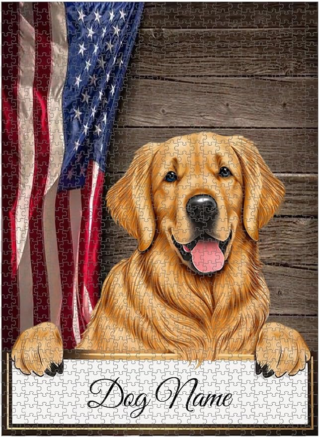 Custom Wooden Jigsaw Puzzles with Your Dog's Name on Golden Retriever Art Print - 300 500 1000PCS Puzzles Game and Home Wall Decor