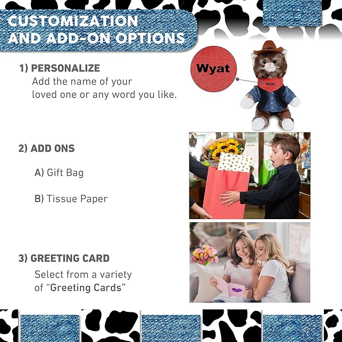 DolliBu 7-Inch Personalized Cowboy Brown Cat Plush – Western-Themed Stuffed Animal with Denim Vest, Bandana, Leather Pants & Hat