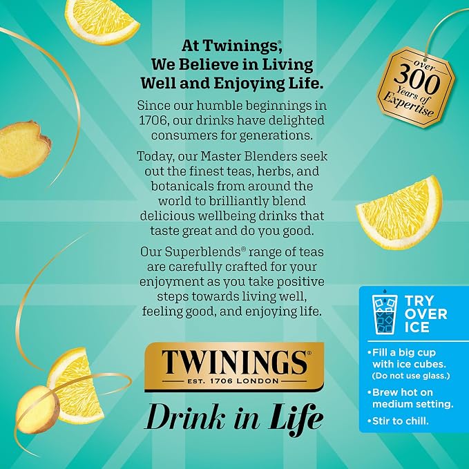 Twinings Probiotics+ Lemon & Ginger Herbal Tea 72 K-Cup Pods for Keurig, 12 Count (Pack of 6), Supports Digestive Health, Naturally Caffeine-Free, Enjoy Hot or Iced