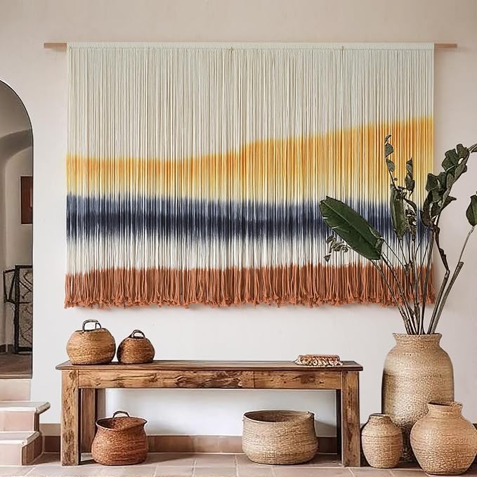 Flber Macrame Wall Hanging Extra Large Dip Dye Boho Wall Decor 57" W*35" L | Extra Large Wall Hanging, Hand Dyed Fiber Art, Gradient Color Design, for Living Room, Boho Decor, Cozy Home Accent