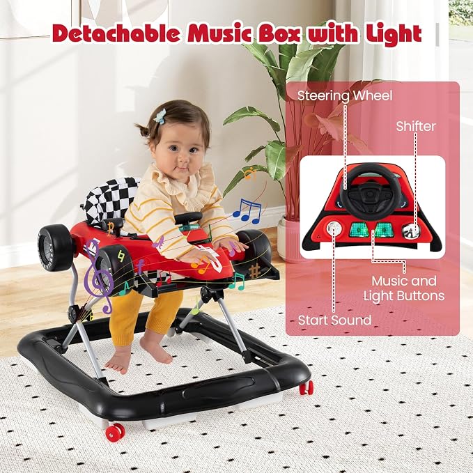HONEY JOY Baby Walker, 4-in-1 Foldable Infant Activity Push Walker, Toddler Car Walker with Adjustable Heights, Music, Lights, Padded Seat, Baby Walker with Wheels for Boys Girls 6-18 Months (Red)