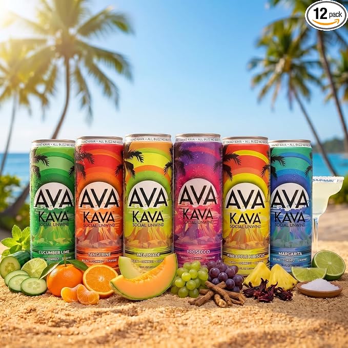 AVA Kava | Alcohol-Free Relaxation Drink | Variety Pack | Fast Acting Nano Kava • Zero Sugar Alcohols • Vegan • Plant Based • No Preservatives • Natural Flavors • Non GMO • Gluten Free | 12oz Cans (12-Pack)