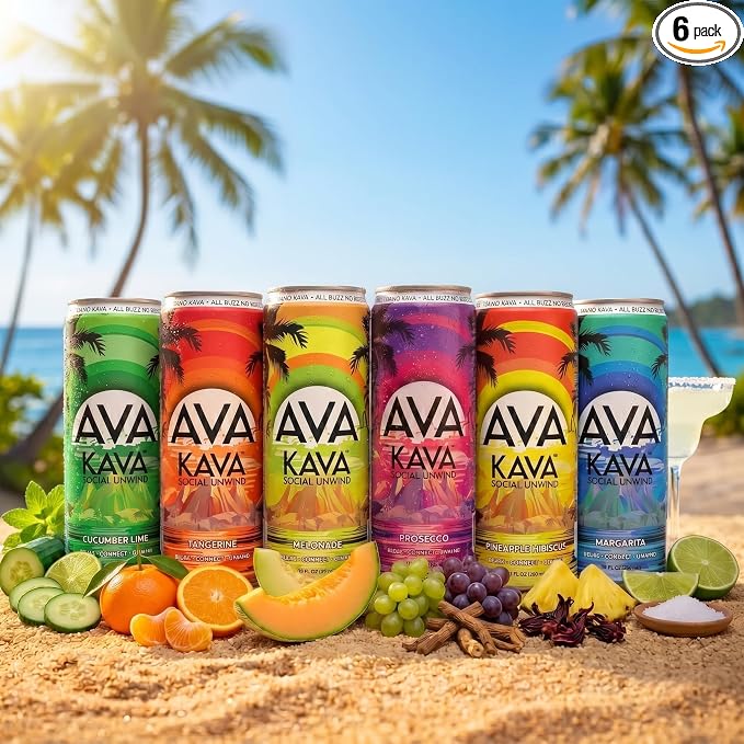 AVA Kava | Alcohol-Free Relaxation Drink | Variety Pack | Fast Acting Nano Kava • Zero Sugar Alcohols • Vegan • Plant Based • No Preservatives • Natural Flavors • Non GMO • Gluten Free | 12oz Cans (6-Pack)