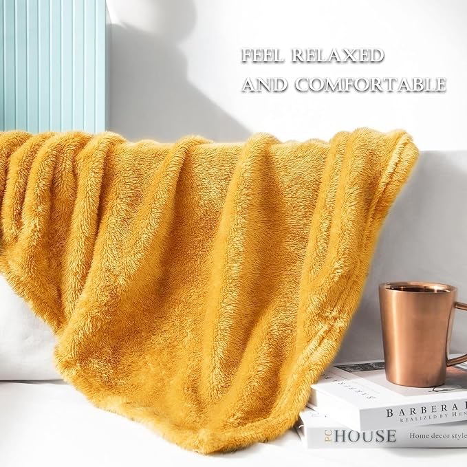 Exclusivo Mezcla Fuzzy Large Fleece Throw Blanket for Couch, Mustard Yellow | 50x70 Inches, Super Soft and Cozy Throw, Plush Fluffy Blanket for Sofa, Bed, Bedroom, Home Decor, All Season