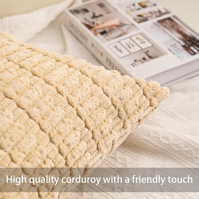 Aegero Pack of 2 Corduroy Decorative Throw Pillow Covers 12x24 Inch, Beige | Fall Soft Striped Pillow Covers Modern Farmhouse Home Decor Christmas Throw Pillow Covers for Sofa Living Room Couch Bed