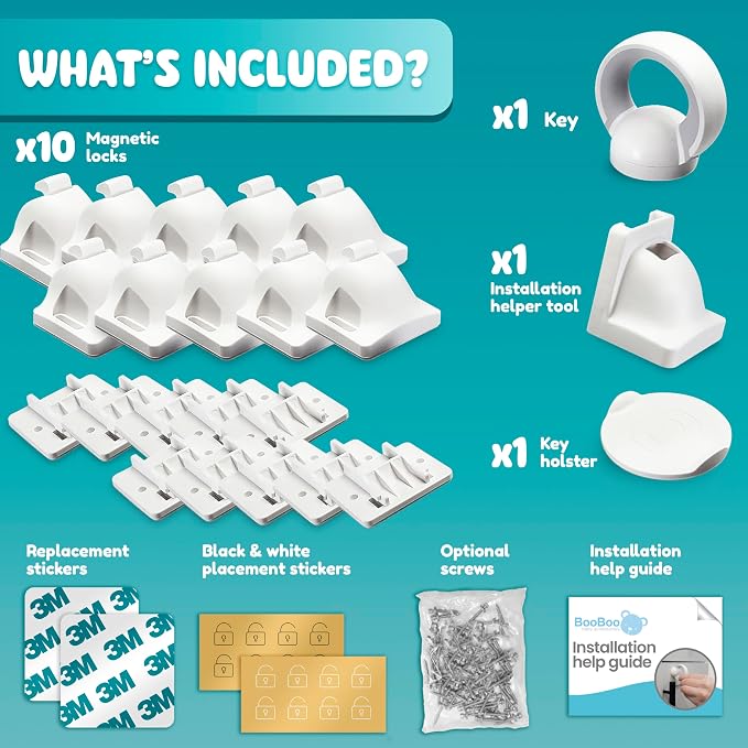 Booboo Baby Magnetic Child Safety Cupboard Locks for Children x10 Locks + x1 Key, Baby Proofing for Kitchen, Cabinets and Drawers, 30 Second Install No Drilling 3M Adhesive (10 Pack)