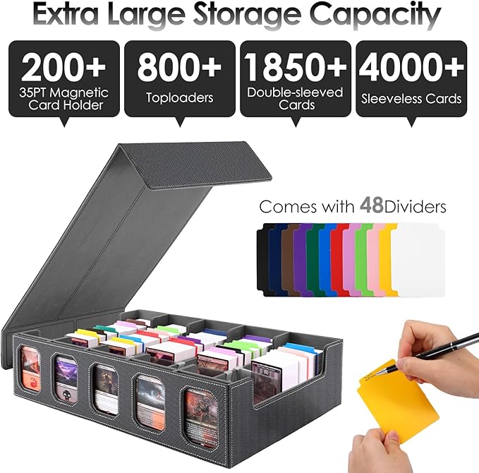 Trading Card Storage Box with Commander Display, 5-Row Deck Case with Removable Lid, 4000+ MTG Deck Box with 48 Colorful Divider, 5 Magnetic Card Holders, 5 Stoppers, Dice Tray(Black Grey)