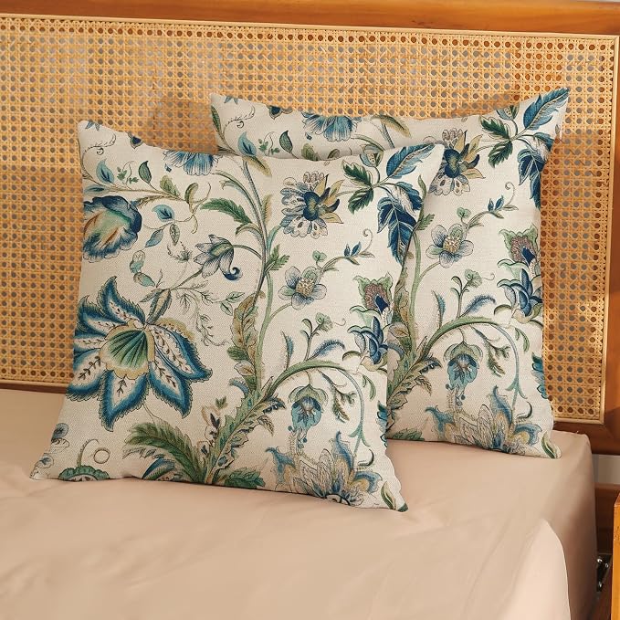Blue Green Pillow Covers 16x16 Set of 2 Sage Green Chinoiserie Floral Throw Pillows Boho Vintage Flowers Decorative Pillowcase Outdoor Chinoiserie Decor Farmhouse Cushion Case for Couch Sofa