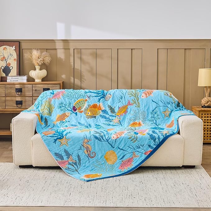 XIBLC Boho Throw Blanket 100% Cotton Vintage Blanket Muslin Woven Flower Decorative Throw Blankets All Season Bohemian Rustic Farmhouse Decor Quilt for Bed (Blue 90"x98")