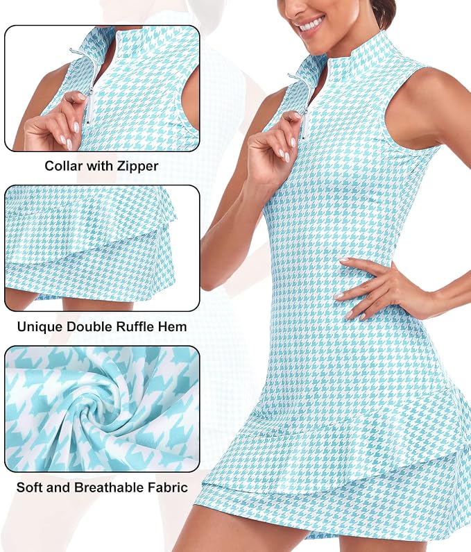 Viracy Tennis Dress for Women Sleeveless Golf Dresses with Shorts and Pockets Ruffle Zip Up Stand Collar Golf Outfits