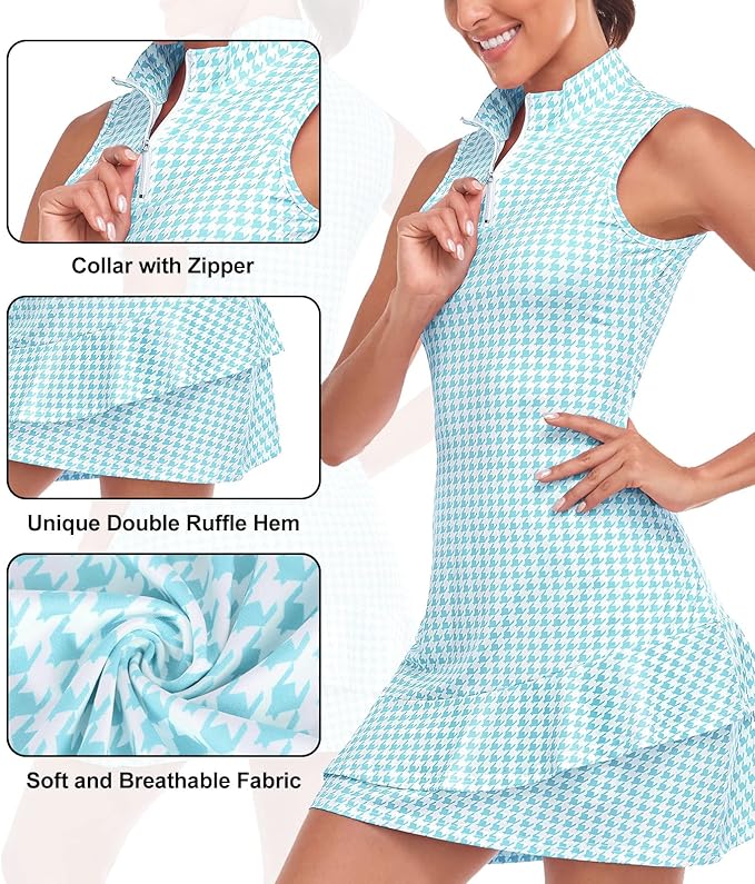 Viracy Tennis Dress for Women Sleeveless Golf Dresses with Shorts and Pockets Ruffle Zip Up Stand Collar Golf Outfits
