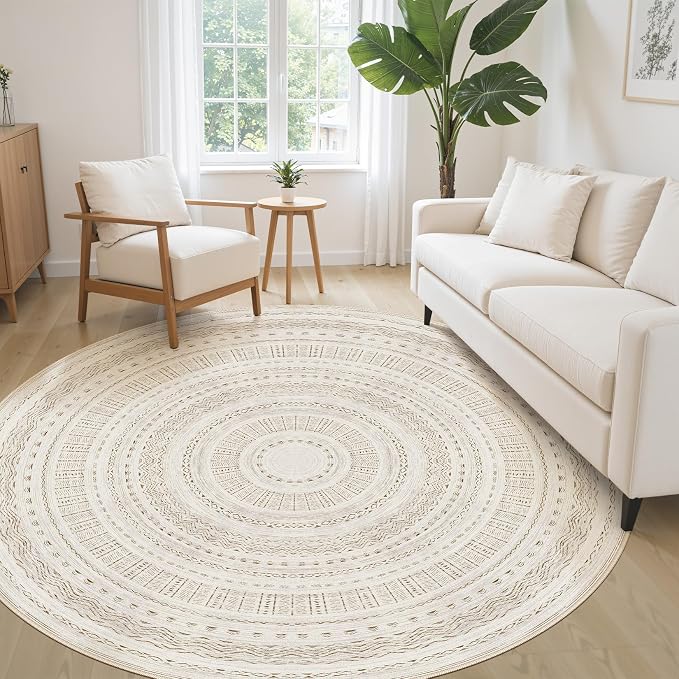 cotiled 6x6 Round Area Rugs Living Room Rug: Washable Boho Rugs with Non Slip Backing Large Soft Indoor Stain Resistant Carpet for Bedroom Farmhouse Dining Room Lightweight Home Decor Brown/Cream