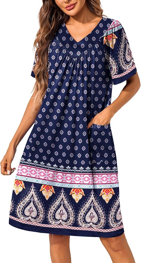 Ekouaer Womens House Dress Floral Print Nightgown with Pockets Mumu Dress
