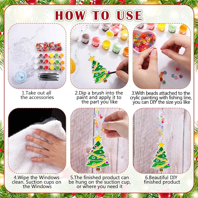 30 Sets Christmas Suncatchers Window Art Kits Xmas Santa Claus DIY Sun Catchers Crafts Bulk Paint Your Own Window Ornaments for Boys Girls Classroom Party Birthday Activity Home Decor