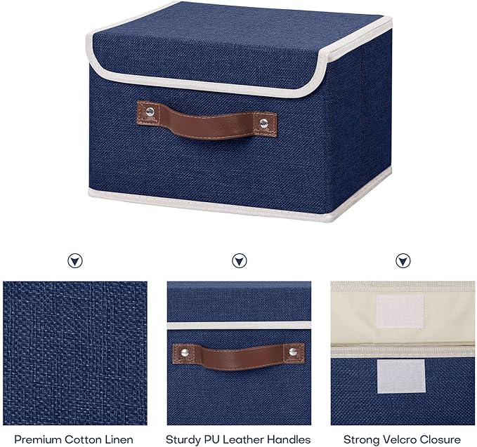 ANMINY Fabric Storage Box Bins with Lids, Blue, 10"x8"x7" | Keepsake Memory Storage, Cotton Linen, PP Board Reinforced, Washable, PU Handles, Foldable & Stackable, Decorative, Small