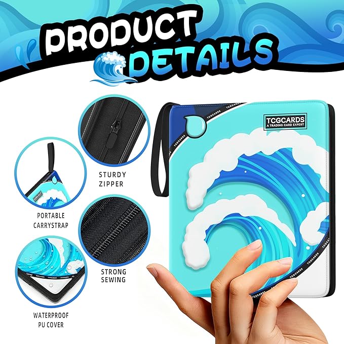 Trading Card Binder 4 Pocket,400 Pocket Card Collection Binder with 50 Removable Sleeves,PU Waterproof Top Card Book,3-Ring Zipper Collectible Trading Card Album for MTG/TCG/Card Holder Gift（Water）
