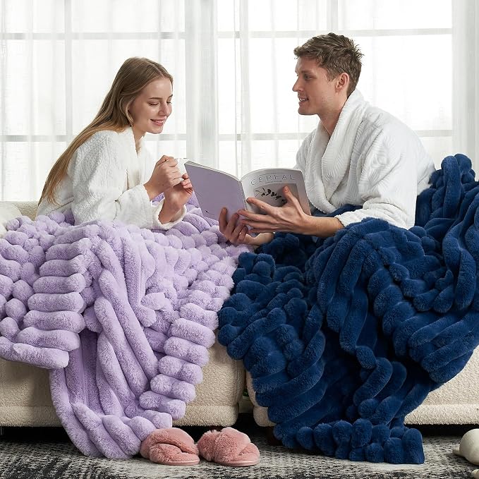 Cozy Bliss Faux Fur Throw Blanket for Couch, Cozy Warm Plush Striped Blanket for Sofa Bedroom Living Room, 108 * 90 Inches Navy Blue