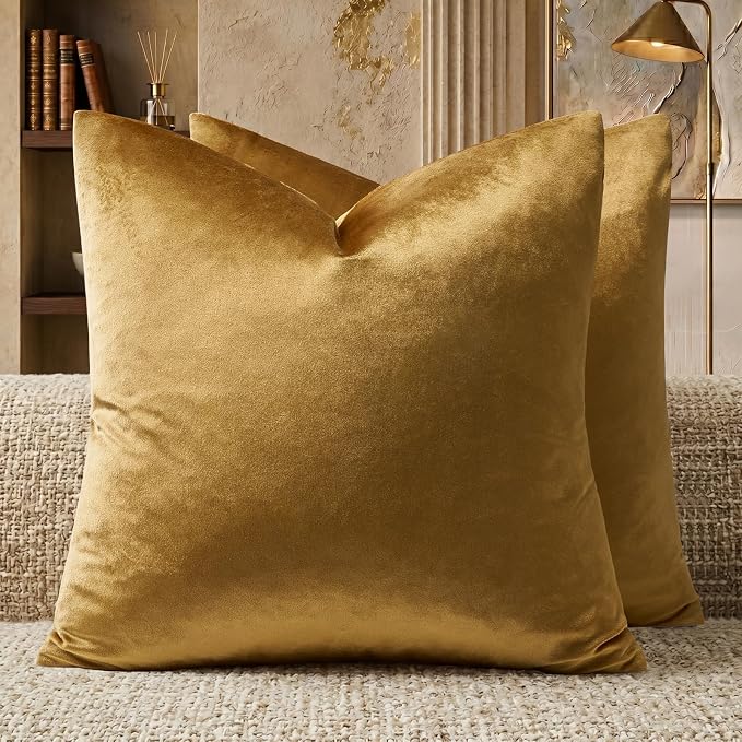 GIGIZAZA Golden Velvet Pillow Covers 20x20 Decorative Pillows Pack of 2 | Throw Pillows for Couch Sofa,280gsm Soft Textured Fabric,Modern Square Pillowcases,Luxury Cushion Covers