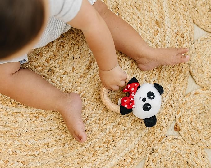 Baby Rattle in High Contrast Colors, Baby Rattles & Plush Rings with Cute Panda Plush, 5", Wooden Infant Toy, Perfect Size for Small Hands, Teach Grasping, Nontoxic, 0-3 Months Newborn, Infant Toys
