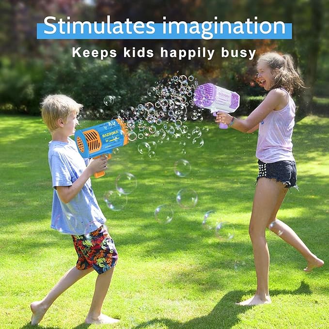Bubble Gun Bazooka Machine with Solution - 69 Holes Blaster for Outdoor Summer Toy, Party Favors - Blue Halloween Bubble Maker Blowers for Kids