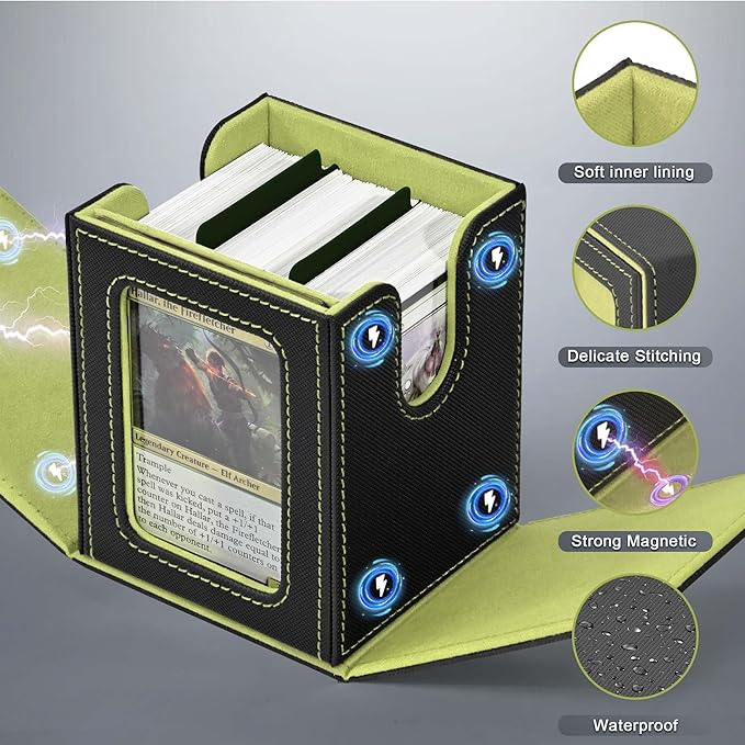 ZLCA MTG Deck Box with Commander Window Display, Trading Card Storage Box Holds 100 Double-Sleeved Cards Suitable for TCG/CCG/PTCG/EDH/Magic/Sport Cards (Black&Green)