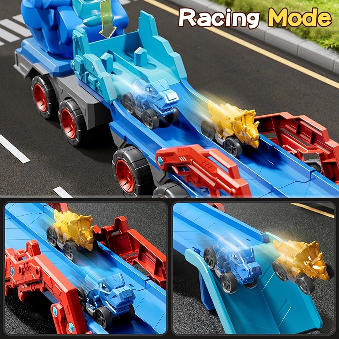 Toddler Car Truck Toys for Kids Ages 3-5, 10-in-1 Dinosaur Carrier Truck with Foldable Track Toys with Spray, Light & Sounds and 9 Dino Cars, Birthday Gift for 3 4 5 6 7 8 Years Old Boys Girls