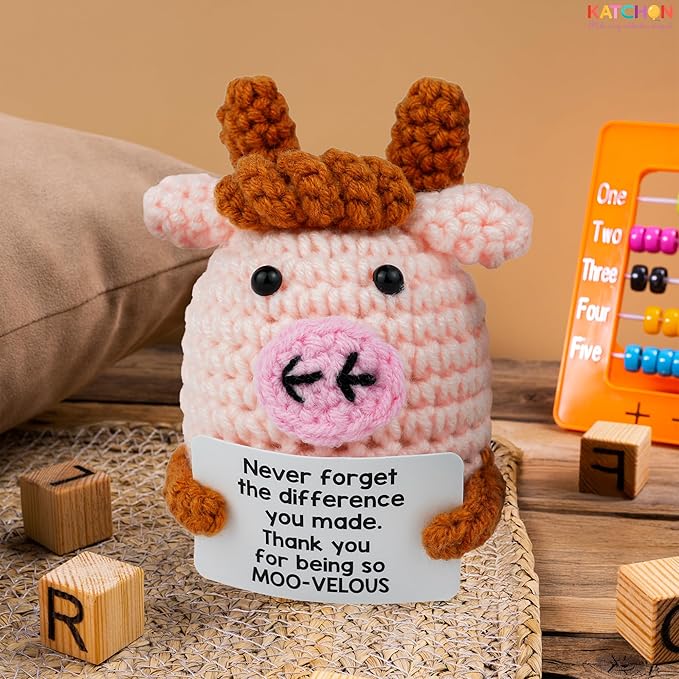 KatchOn, Mini Funny Positive Cow Gifts | Emotional Cheer Up Support Gift for Women, Men, Coworker, Friends, Teen | Handmade Crochet Highland Cow Gift for Christmas, Birthday, Bosses Day, Thanksgiving
