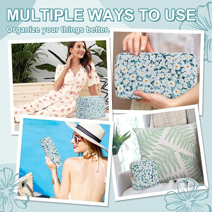 UIXIZQ Waterproof Small Floral Pencil Case Makeup Bag for Purse,Cute Flower Pencil Pouch Preppy Nylon Makeup Brush Holder with Zipper,Girls Portable Storage Case for Work(Slim Green-Daisy)